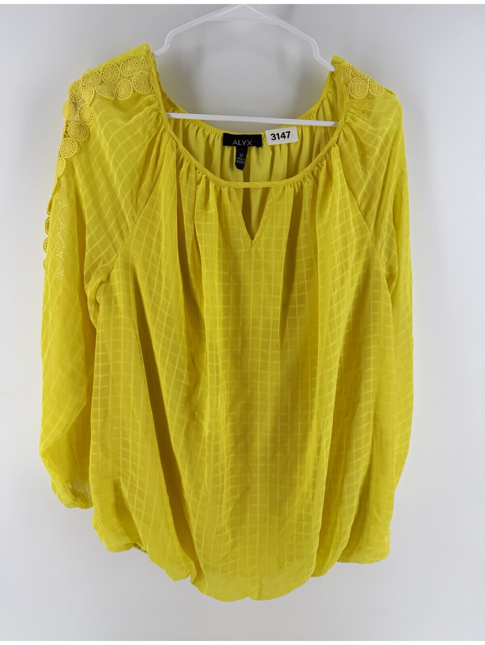 ALYX Women’s Yellow Chiffon V-Neck Blouse 0X Plus 3/4 Sleeve Crochet